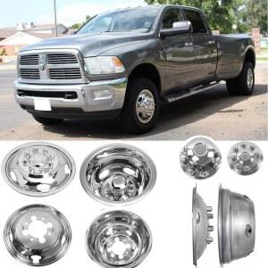 BOOGADEE 4pcs 17인치 폴리싱 스테인리스 이중 휠 시뮬레이터, 탈착식 센터 캡이 있는 볼트 온 커버, 3500-18 닷지 램에 맞는 러그 허브 캡 8개, 설치 도구 C17D8