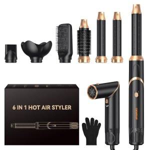 6 in 1 헤어 드라이기 브러쉬 접이식 브러쉬(에어 스타일러 컬러 랩 포함) 분리형 열풍 드라이 볼륨 조절 스트레이트 컬 음이온 드라이기(디퓨저 도구