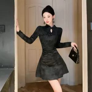 원피스 치마 여성용 가을 H라인 프렌치 힙스터 날씬한 세미 숏 주름 데일리 치파오 랩 스포M3