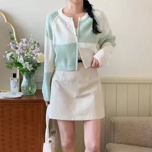 여자 라운드넥 체크 패턴 투웨이 세미크롭 집업