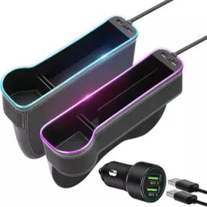 56W 고속 충전기 앞좌석 정리함 컵 홀더 포함 2팩 자동차 콘솔 및 어댑터 내장 액세서리 케케토하이 7 컬러 LED 시트 갭 필러 정리함(블랙) 7 colors