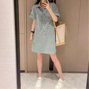 플리츠원피스 캐주얼 소매 롤업 사이드 더블 포켓 카라 데님 원피스