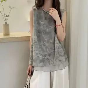 여름 여성 프린트 민소매 망사투피스 데일룩 블라우스 패션 DAOL2