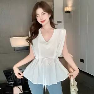 여성용 여름 프렌치 블라우스 브이넥 나시 슬림 셔츠 민소매 스포M2