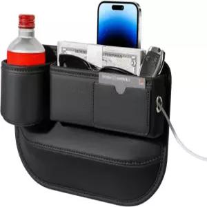 컵 홀더가 있는 Pcnjozx 카시트 갭 필러 정리함 유니버설 핏 소프트 가죽 카 박스 보관함 휴대폰 키 선글라스 카드에 필요한 자동차 액세서리 (블랙 1 Pack black