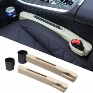 듀라시코 어드밴스드 3in1 카시트 갭 필러 포켓 정리함 및 탈착식 컵 홀더 콘솔 사이드 휴대폰 코인 키용 패드 스토퍼 차단기 PU 가죽 2팩 Beige