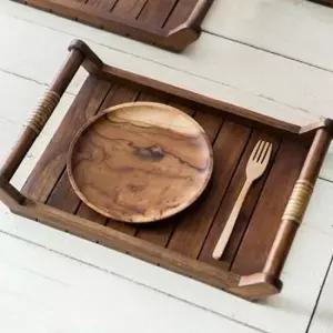 플레이트 티크나무 높은 손잡이 직사각 트레이