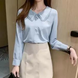 흰색블라우스 포인트 레이스 흰블라우스코디 진주버튼