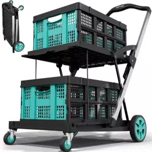 바퀴 달린 접이식 쇼핑 카트 너머 수납 상자 2개가 있는 식료품/창고/사무실/슈퍼마켓용 2단 다기능