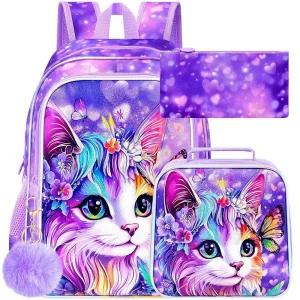 ZLYERT 여아용 40.6cm(16인치) 고양이 백팩, 런치 박스 포함 어린이 학교 백팩 3개, 초등학교 유치원용 책