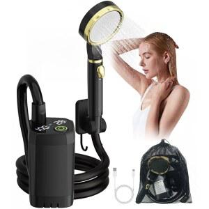 캠핑용 파인보이 휴대용 샤워기, 배터리 수준과 온도를 LED로 표시하는 충전식 캠핑 샤워 펌프, 180분 동안 지속되며 야외 샤워, 애완동물 목욕, 세차에 적합합니다