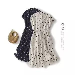 여성 썸머 여름 롱 원피스 면마 도트 빈티지 브이넥 슬림핏 스커트 A라인 스포M2