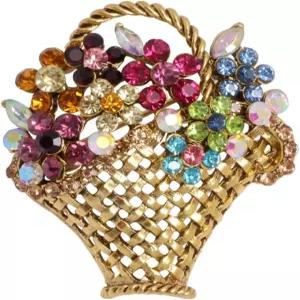 여성 라인스톤 꽃바구니 브로치 핀 금도금 빈티지 컬러풀 크리스탈 플로럴 라펠 우아한 드레스 액세서리