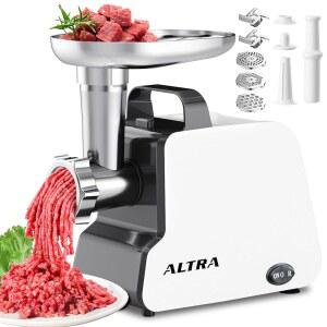 알트라 라이프 전기 고기 분쇄기, 최대 2300W, 블레이드 2개 포함, 그라인딩 플레이트 3개, 소시지 튜브 및 큐브 키트, 손잡이가 있는 가정용 주방 분쇄기(흰색)