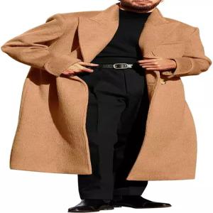 런카티 남성 울 블렌드 완두콩 코트 노치 칼라 더블 가슴 롱 재킷 트렌치코트 클래식 겨울 오버코트