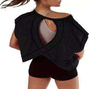 쿠무펜 여성 반팔 운동 셔츠 오픈 백탑 캐주얼 요가 Y2K 체육관 슬루시 크롭 러닝 티