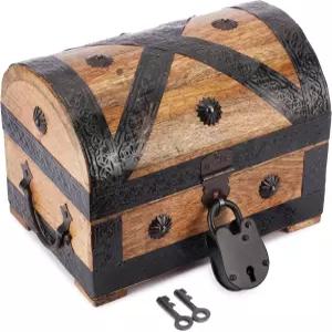 열쇠와 자물쇠가 있는 아주니 나무 해적 보물 상자 쉘 스트립 인레이가 수작업 유품 정리함 보석 장신구 및