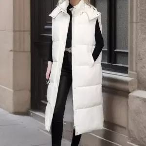 여성 패딩 조끼 후드 롱 베스트 아이보리