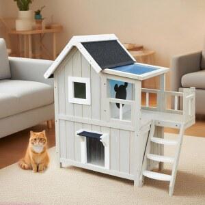 야외 숨숨집 그레이 호텔 캣타워 집 고양이 원목 2층 급식소