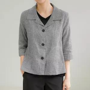 [드리다]드리다 여름 카라 잔체크 빅사이즈 린넨 마 자켓 40-50대 미시 중년여성 엄마