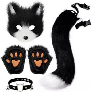 인조 모피 여우 꼬리 고양이 늑대 코스프레 의상 세트 플러시 마스크 푹신한 발 장갑 여성용 할로윈