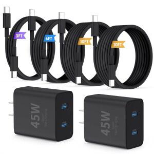 QZIIW 초고속 삼성 충전기 타입 C 45W 듀얼 포트 USB 고속 충전 블록 [2팩] 엑스트라 롱 60W 3/6/10/10FT 케이블 - 갤럭시 S25 울트라 /S24+ /S23 16용 PD 3.0