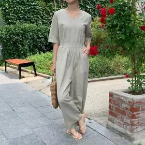 여자 브이넥 핀턱 스트랩 반팔 린넨 점프슈트