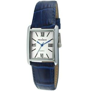 푸조 여성 실버 톤 탱크 모양 가죽 원피스 시계 로마 숫자 파란색