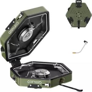 캐리백과 레인지 압력 조절기가 있는 코피야드 프로판 2 버너 캠핑 스토브 배낭 여행 야외 요리 게이트를