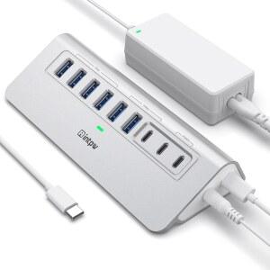 전원이 공급되는 USB 허브 10Gbps intpw 9포트 3.2 A /USB C 3.2가 포함된 3.0 4개 PD 45W 충전 포트 2개 65W 전원 어댑터 3.3FT 케이블 노트북용 알루미늄 17 / 16 15 PC