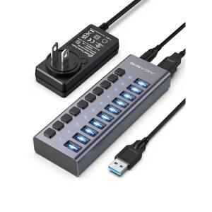 USB 3.2 허브 ACASIS 10 포트 허브(10Gbps 데이터 속도 제공) 알루미늄 하우징 48W 전원 어댑터 지원 PC/노트북용 컴퓨터 플래시 드라이브 프린터 카메라