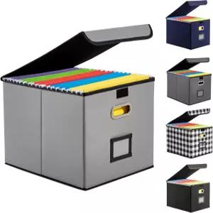 뚜껑과 플라스틱 슬라이드가 있는 Hleelomi 접이식 파일 박스 - 사무실/가정용 걸이식 문서 정리함