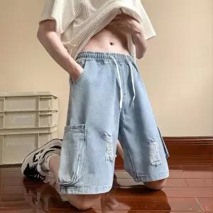 훌리오 바지 청 여름 남자데님반바지 디스트로이드 반바지 트렌드 일자 멀티 포켓 와이드 5부 UNO2