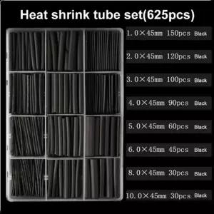 625 개/몫 내열성 튜브 수축 포장 2 1 검정색 열 슬리브 세트 와이어 케이블 폴리올레핀 랩