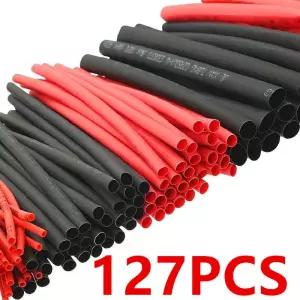 127개 검정색 빨간색 열 수축 튜브 2 1 구색 폴리올레핀 자동차 케이블 슬리브 랩 와이어 키트