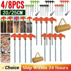 8/4pcs 야외 텐트 손톱 20/25cm 나사 앵커 스테이크 텐트 못에 나사 접지 손톱 M8 탄소강 육각형 플라스틱