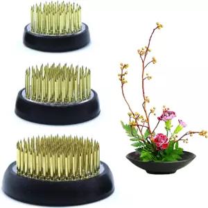 켄잔 꽃개구리 세트 고무 베이스가 있는 이케바나 줄기 홀더 3개 꽃병 배열용 꽃핀 일본 골드