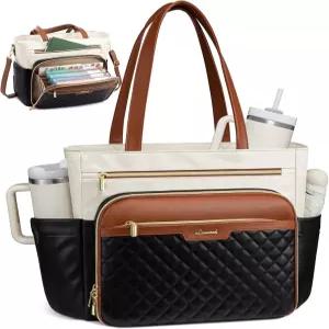 어코디언 파일 포켓이 있는 LOVEVBOOK 교사 토트백 소프트 PU 가죽 작업 서류 가방 큰 컵 홀더가 퀼트