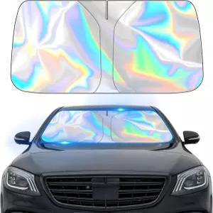 QQWD 자동차 앞유리 선쉐이드 거울 V컷이 있는 리데센트 접이식 티타늄 실버 리플렉터 선바이저 수납