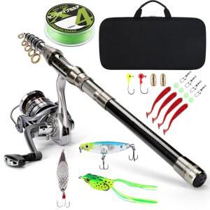 캐스트위스프 낚싯대 텔레스코픽 탄소 섬유 막대 콤보와 스피닝 릴 휴대용 태클 케이스 낚싯줄 인공 미끼 및 갈고리 여행용 소금물 담수 낚시용