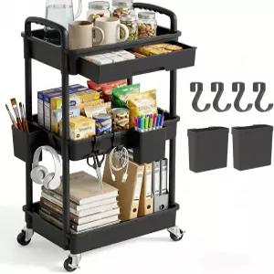 서랍이 있는 LLR 3단 롤링 유틸리티 카트 바퀴 손잡이가 플라스틱 보관 정리 사무실 욕실 주방 공예