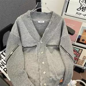 니트 남성패션 브이넥 풀집업 카디건 파괴 스웨터 메탈 DL1