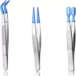 고무 끝이 있는 3개의 PCS 핀셋 PVC 코팅 세트 정밀 스트레이트 플랫 팁 롱 벤트 공예용 스탬프 비즈