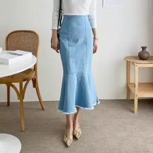 [다잇템]여자 프릴 빈티지 청 데님 치마 롱스커트