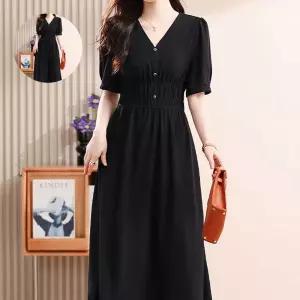 블랙 주얼리 버튼 원피스 반팔 브이 3중밴드 어깨셔링