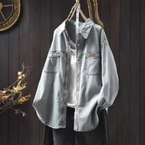 솜브레로스 빈티지 캐주얼 여성용 데님 하프 싱글 무지 포켓 셔츠 와펜 블라우스 탑 카디건 투 DOS1