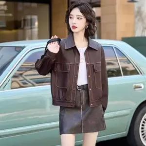 마킷5 캐주얼 가을 루즈핏 자켓 배색 나염 워싱 터틀넥 가죽 여성자켓 패션 코트 가죽옷녀 JEN1