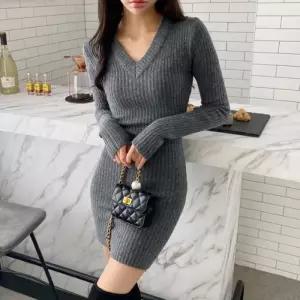 [다잇템]여자 베이직 슬림핏 스웨터 Y넥 골지 탄력 미니원피스