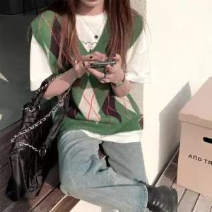 [다잇템]여자 아가일 체크 패턴 루즈핏 베스트 조끼