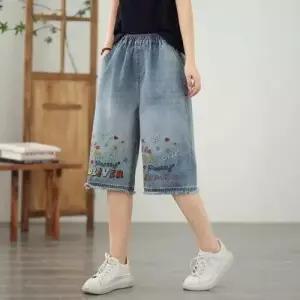 팬츠 청 하계 빈티지 캐주얼 여자데님반바지 얇은 자수 밴딩 반 6부 ible2